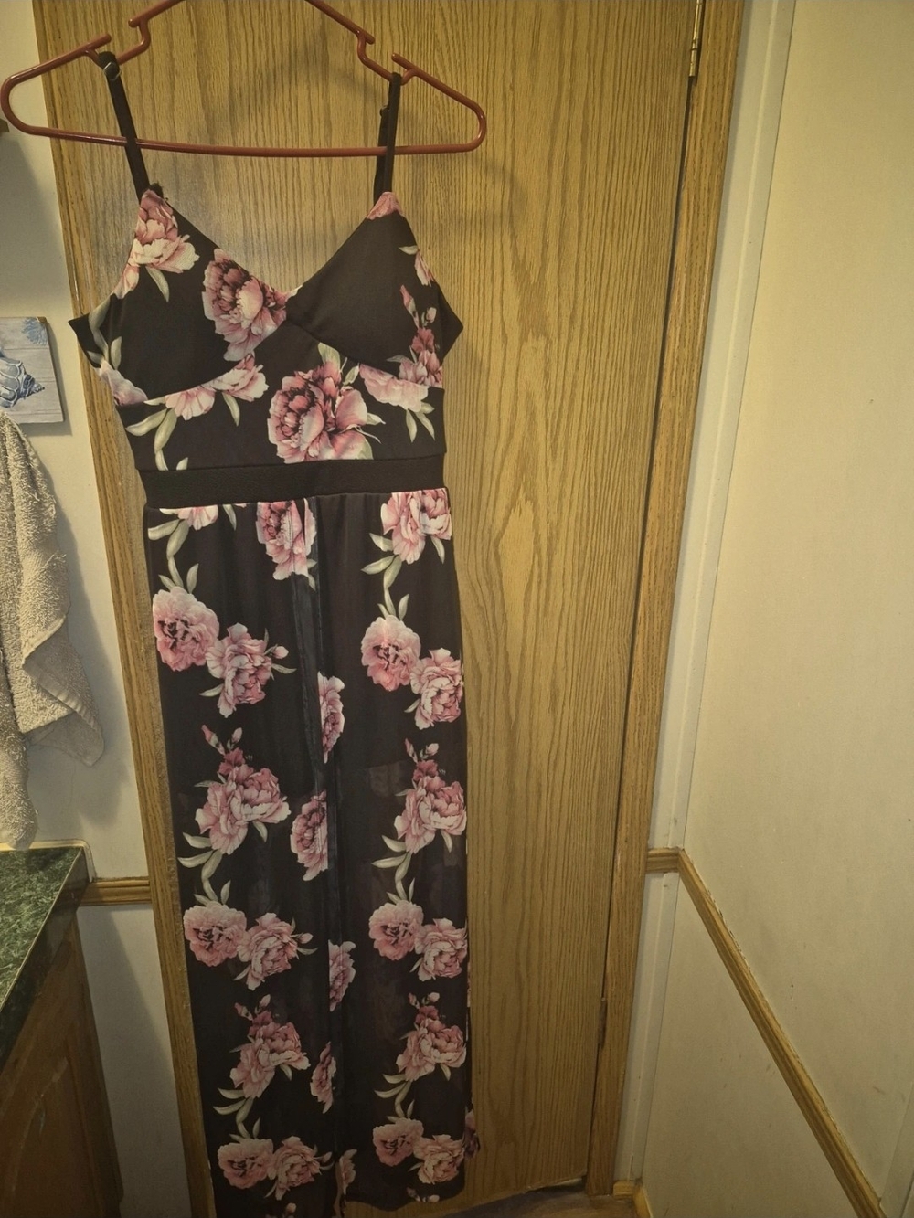 No Boundaries Black Jumpsuit with Pink Floral Print